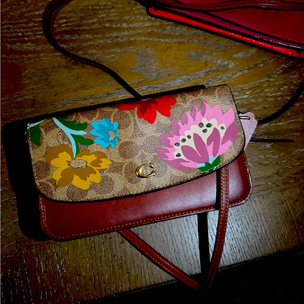 Coach Red and Brown Crossbody Bag with Floral Accents